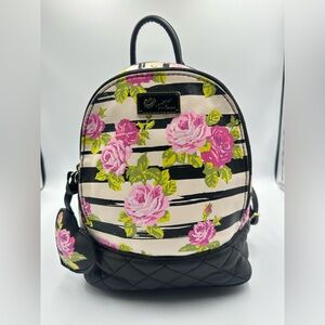 Luv Betsey Johnson Ivory Pink Floral Black Striped Quilted Mini Backpack